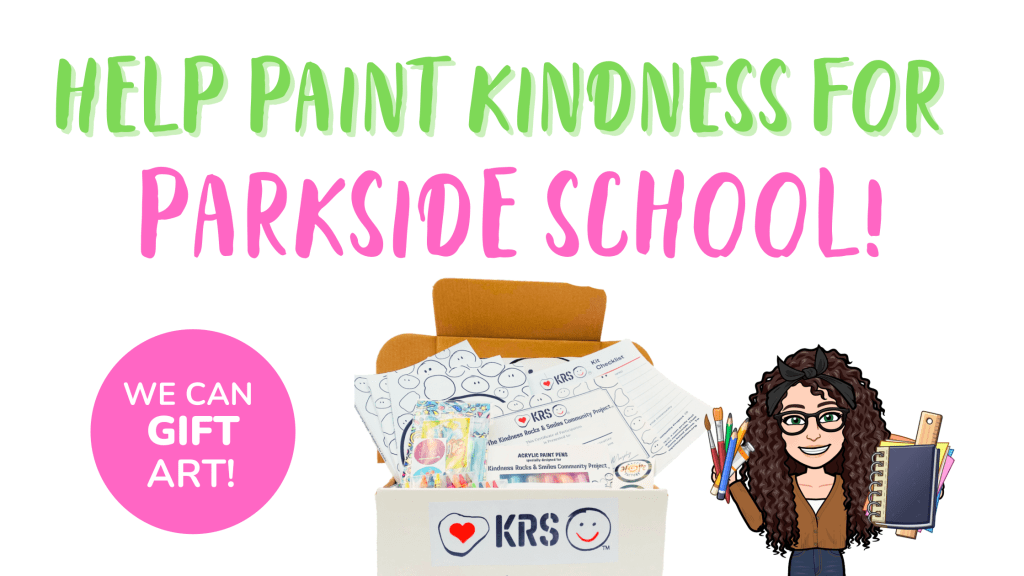 Help Paint Kindness for Parkside School. We can gift art! Image of the KRS art kits; lots of supplies are in the art kit. Illustration photo of Dominique holding art and school supplies; she is smiling and wearing a tan, brown sweater and blue jeans. She has dark brown curly hair and wears glasses